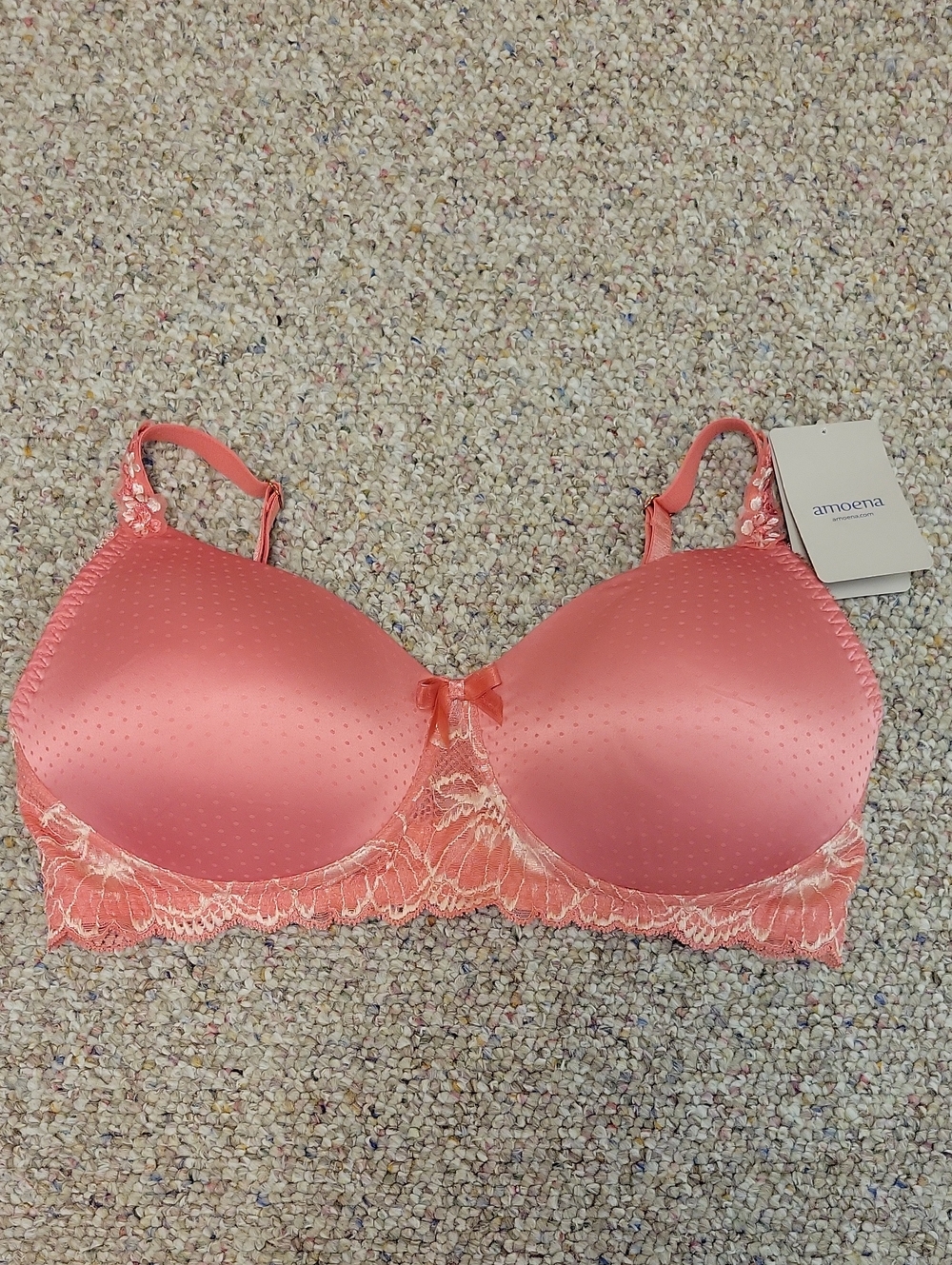 Amoena Coral Pink Lace T-Shirt Bra with Bow Accent 36C New Lace Feminine